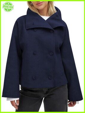 Cropped Peacoat Double Breasted Lapel Wool Blend Winter Jacket Overcoat